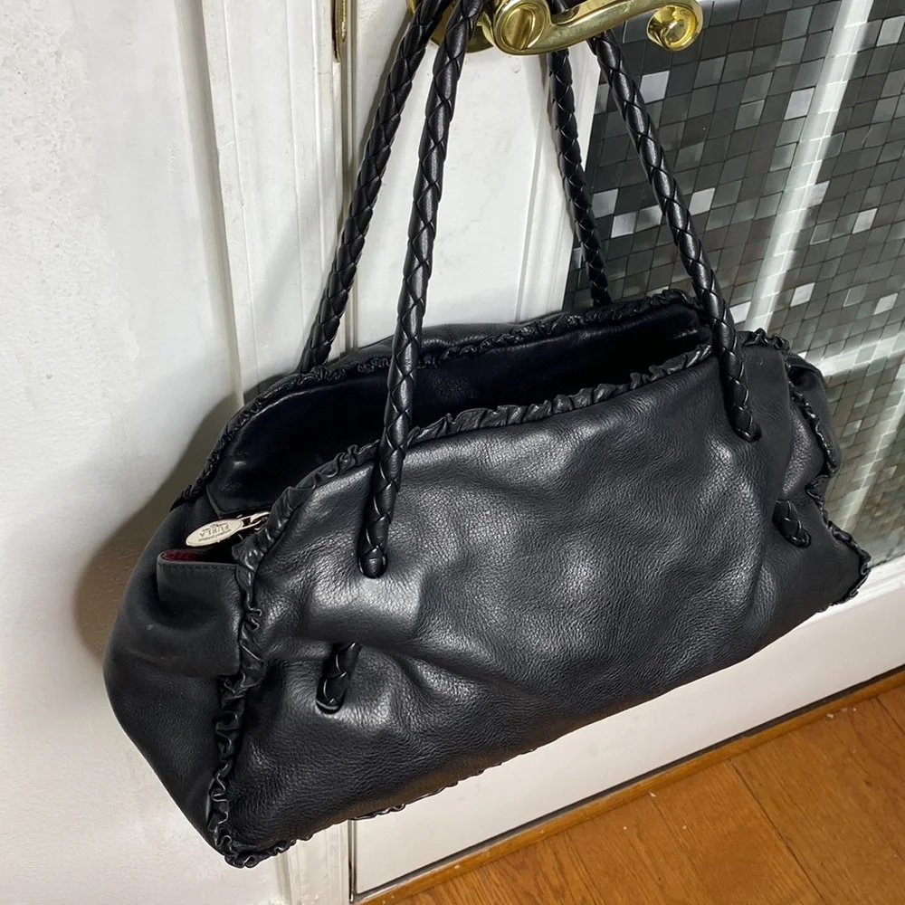 💕 Furla black Italian leather large braided satchel bag 💕